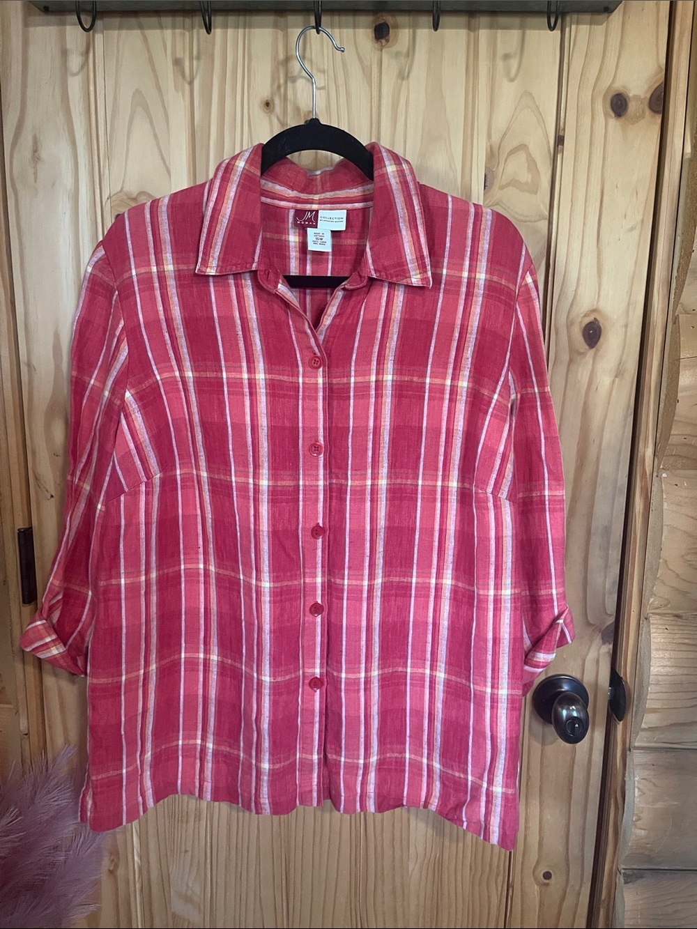 JM Collection Vintage Linen Red Plaid Button-Down Shirt